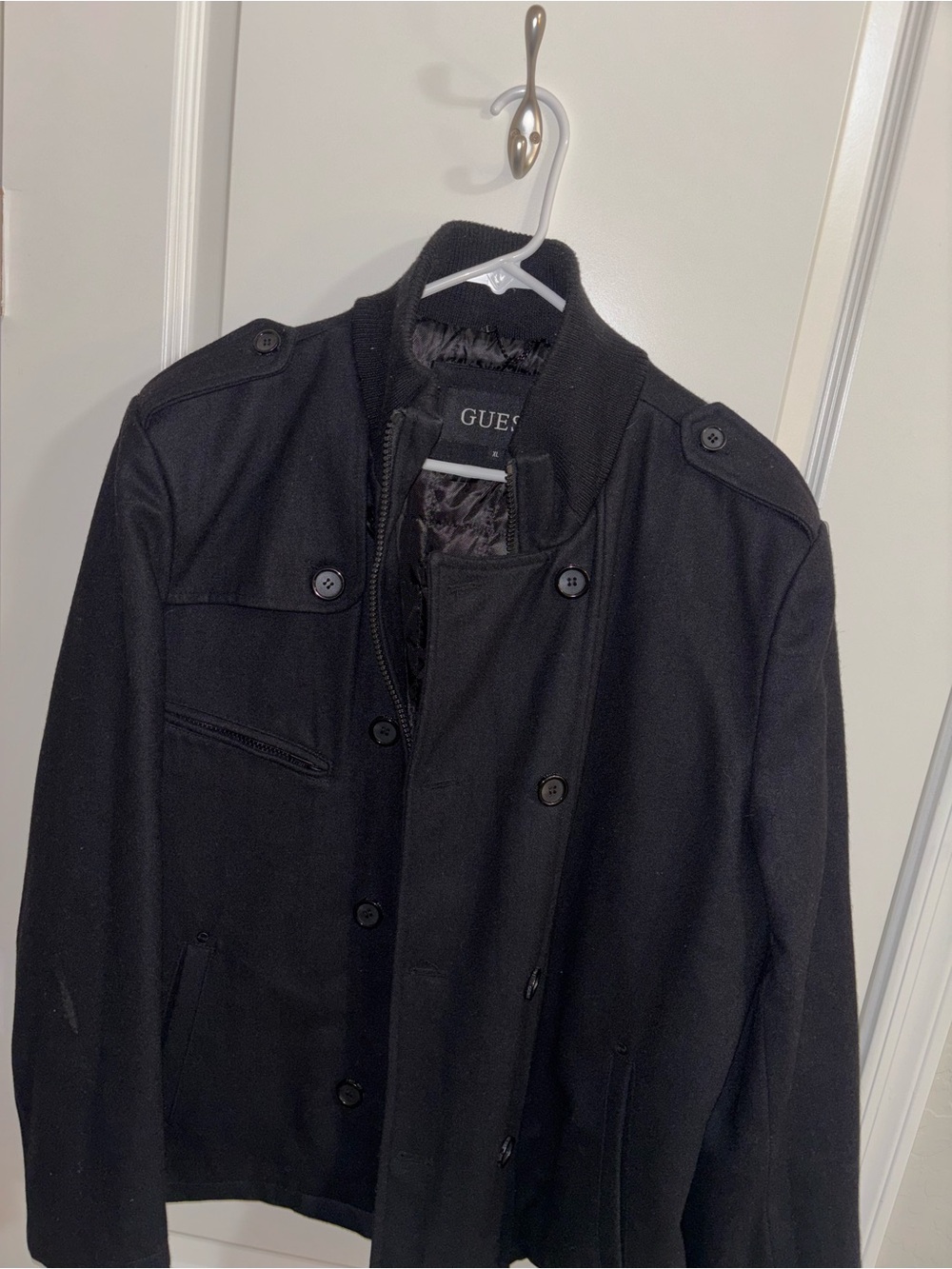 GUESS Black Military-Style Pea Coat with Button Detail Men’s XL